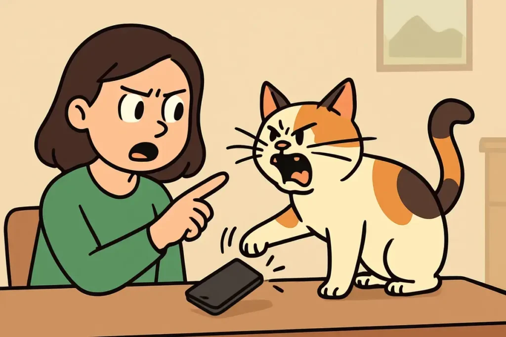 cat knocking phone off table in a dramatic scene with Cat Puns and Jokes 
