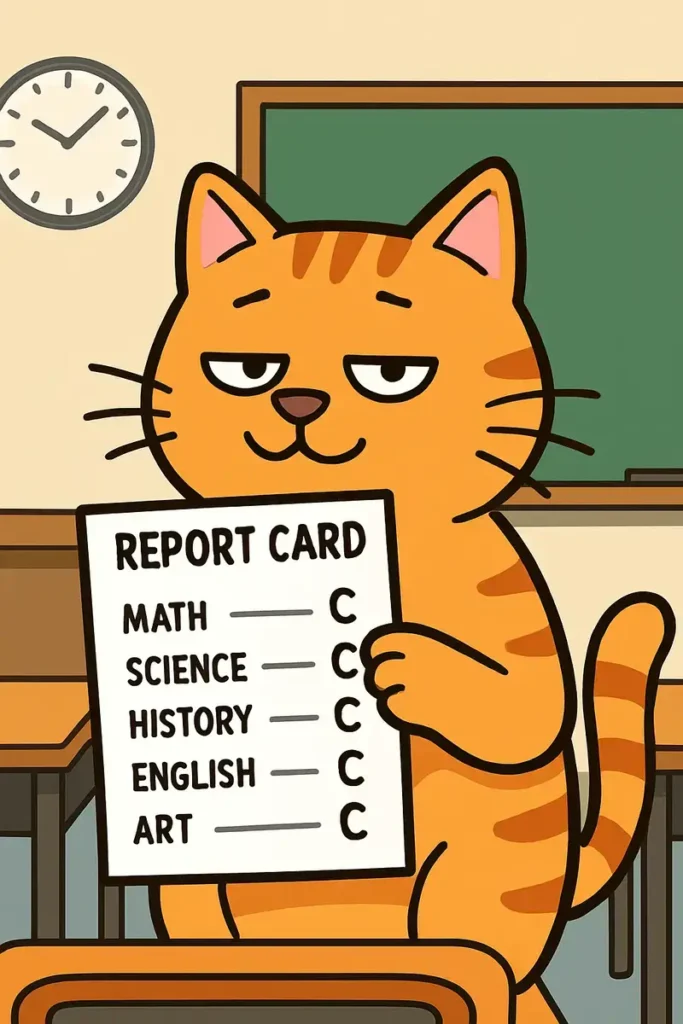 cat holding average report card in classroom