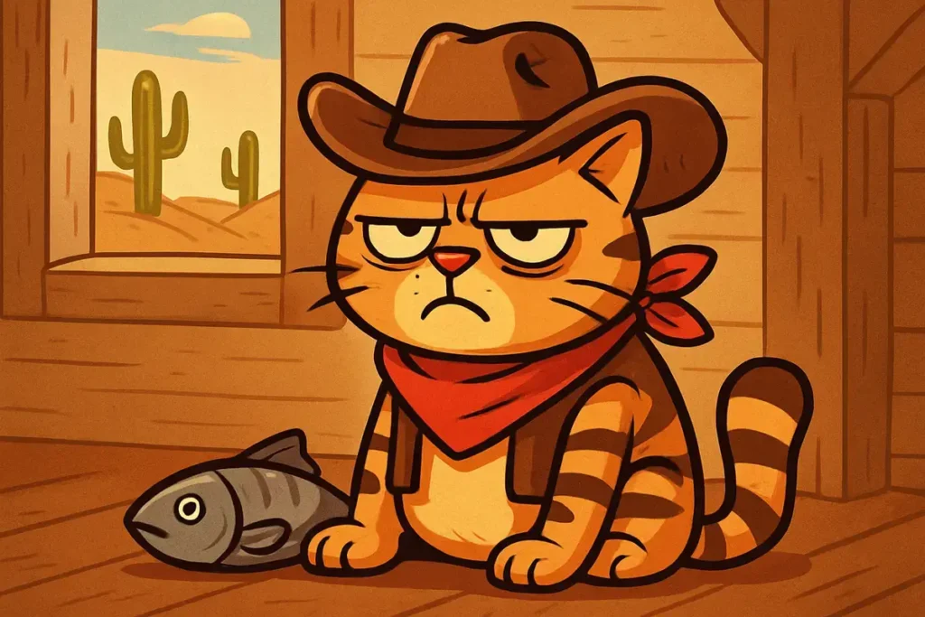 cowboy cat with tuna in desert shack