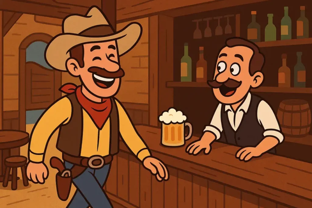 cowboy walks into bar with bartender smiling – cowboy jokes