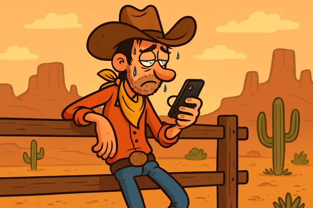 cowboy texting in desert