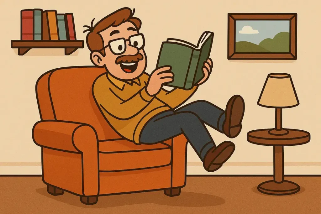 Dad floating in chair reading anti-gravity book