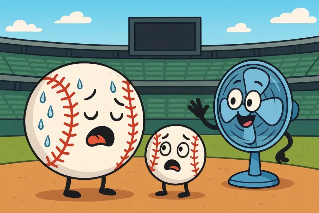 Baseballs sweating in empty stadium with cheerful fan