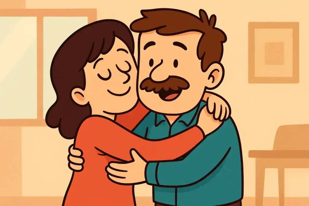 Husband and wife hugging in funny dad jokes scene