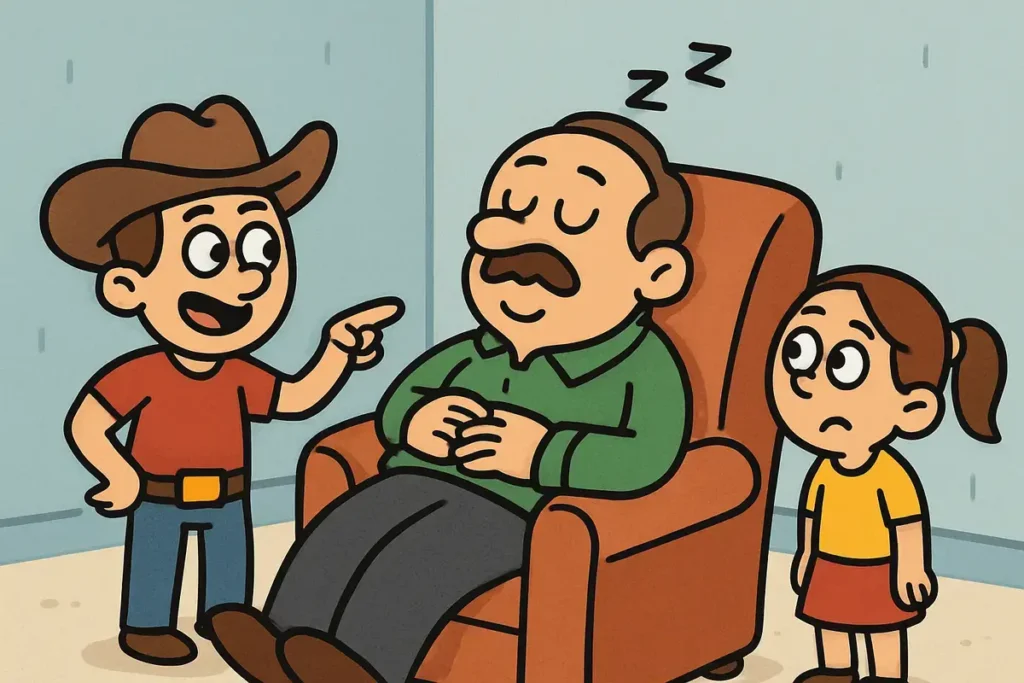dad napping in chair while cowboy son points and daughter watches