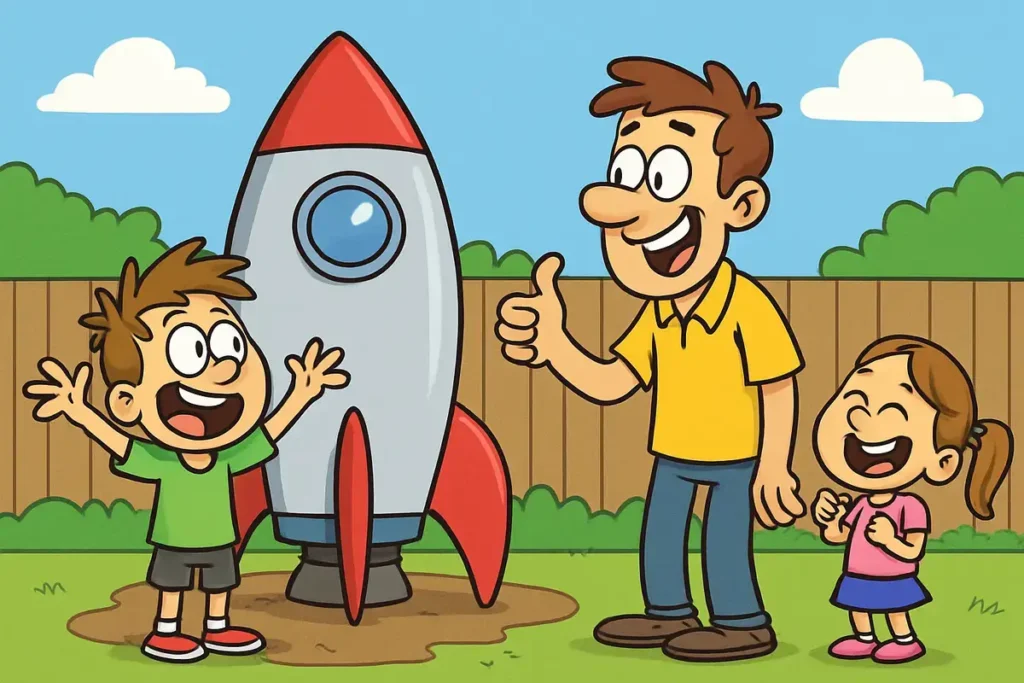 dad builds rocket in backyard for son and daughter