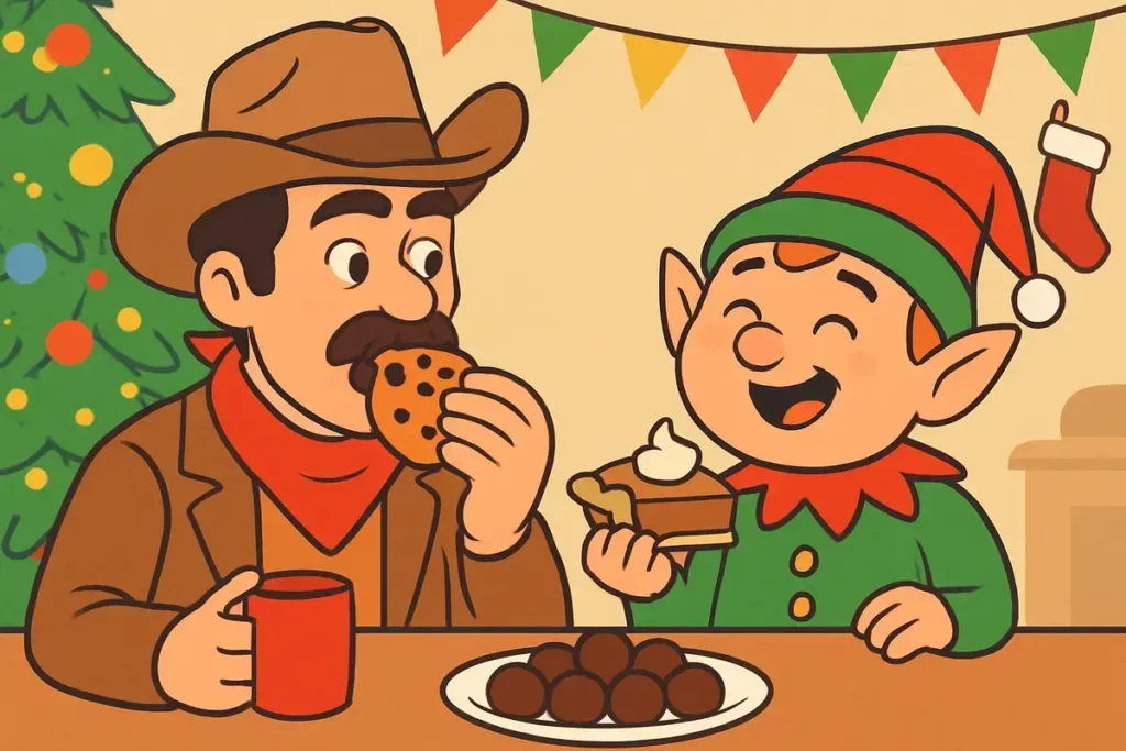 elf and cowboy eating sweets during holidays