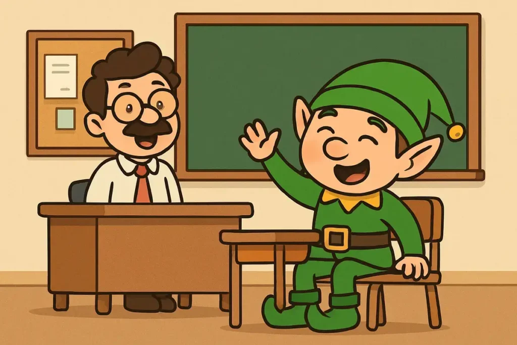 elf in classroom too small for detention chair, funny elf jokes scene.