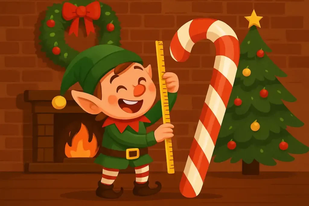 cheerful elf measuring candy cane with ruler