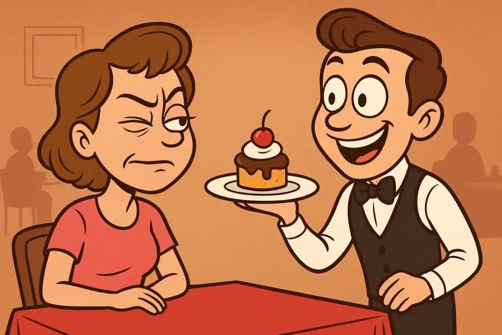 waiter serving dessert to woman making a funny squint expression