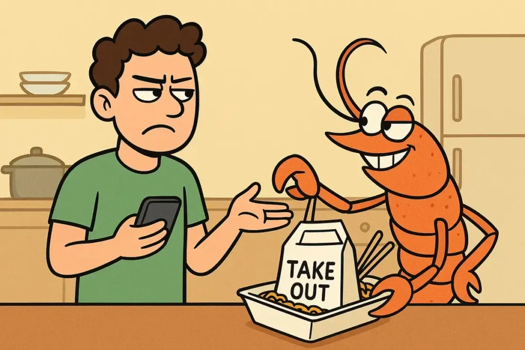 shrimp offering takeout to annoyed man for eye roll squint jokes humor scene