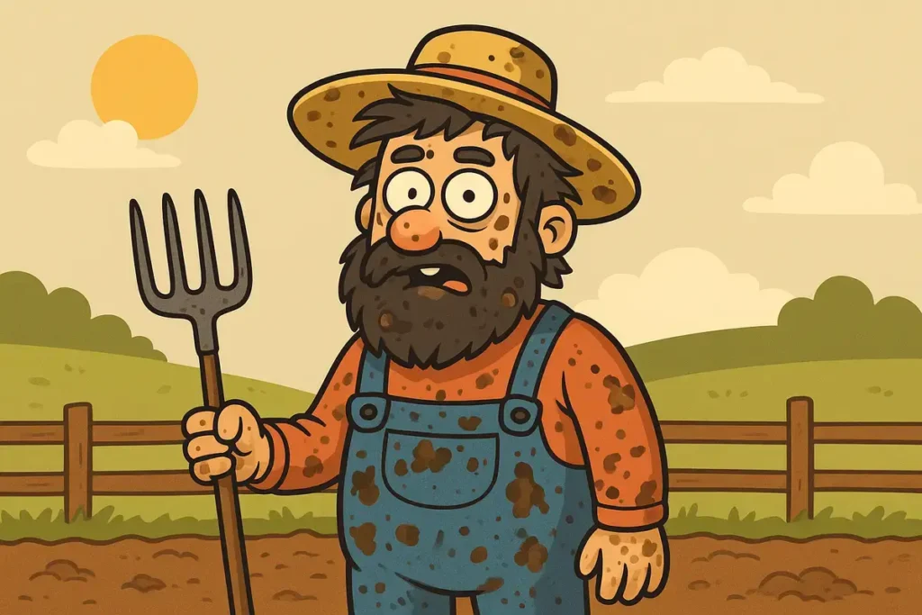 messy farmer holding pitchfork in field, funny farmer jokes illustration