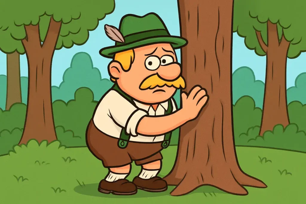 German man hiding behind tree in forest, german jokes