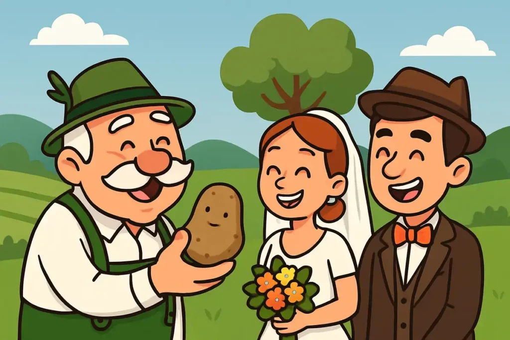 German grandfather giving potato at wedding