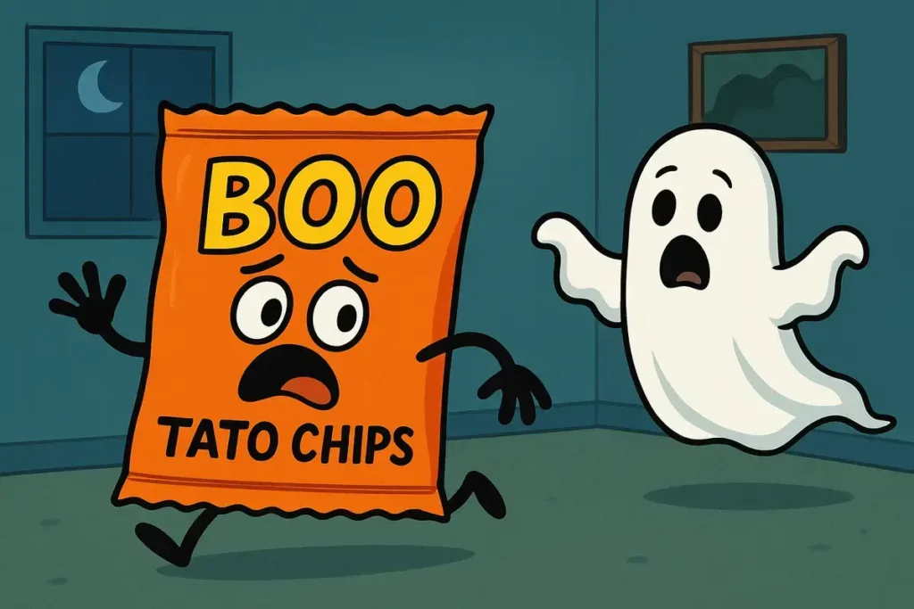 ghost chasing a scared bag of Boo Tato Chips in a funny ghost jokes scene