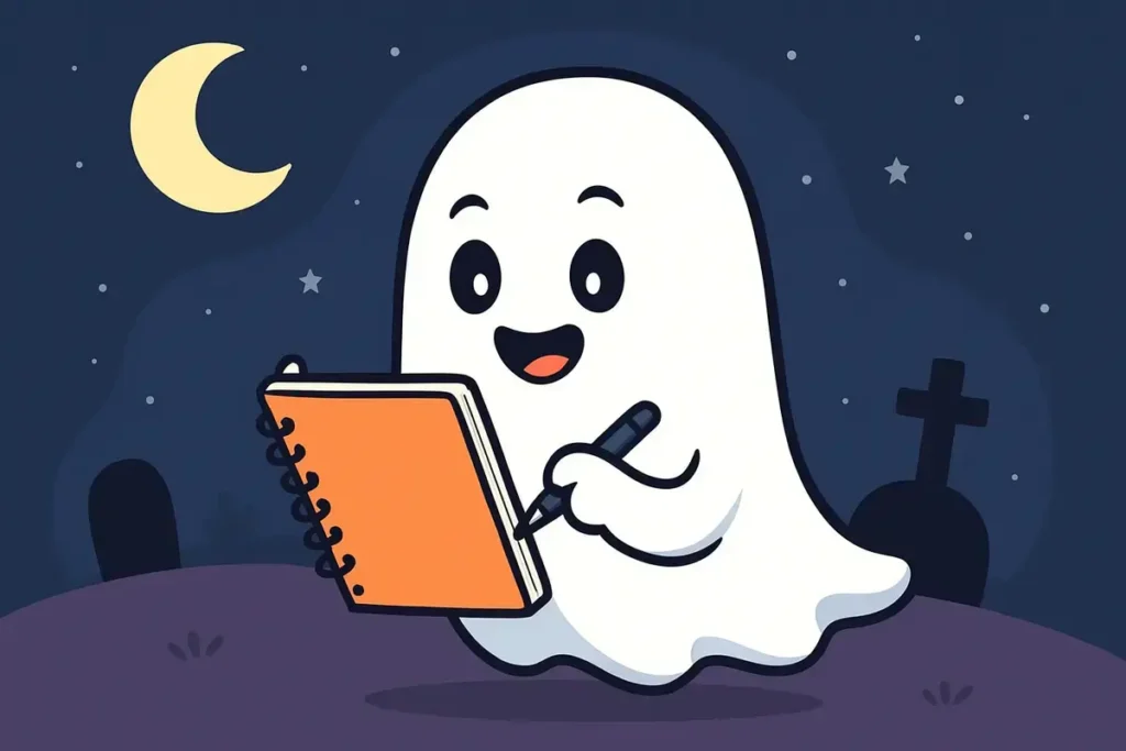 ghost writing in notebook under moonlight