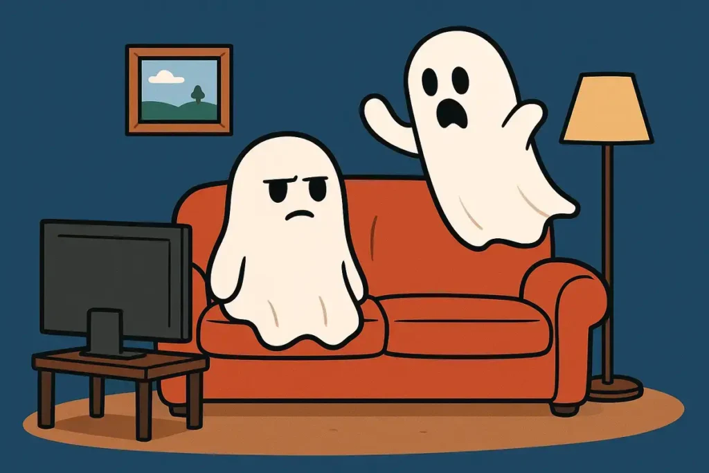 ghosts watching tv on couch funny ghost jokes scene