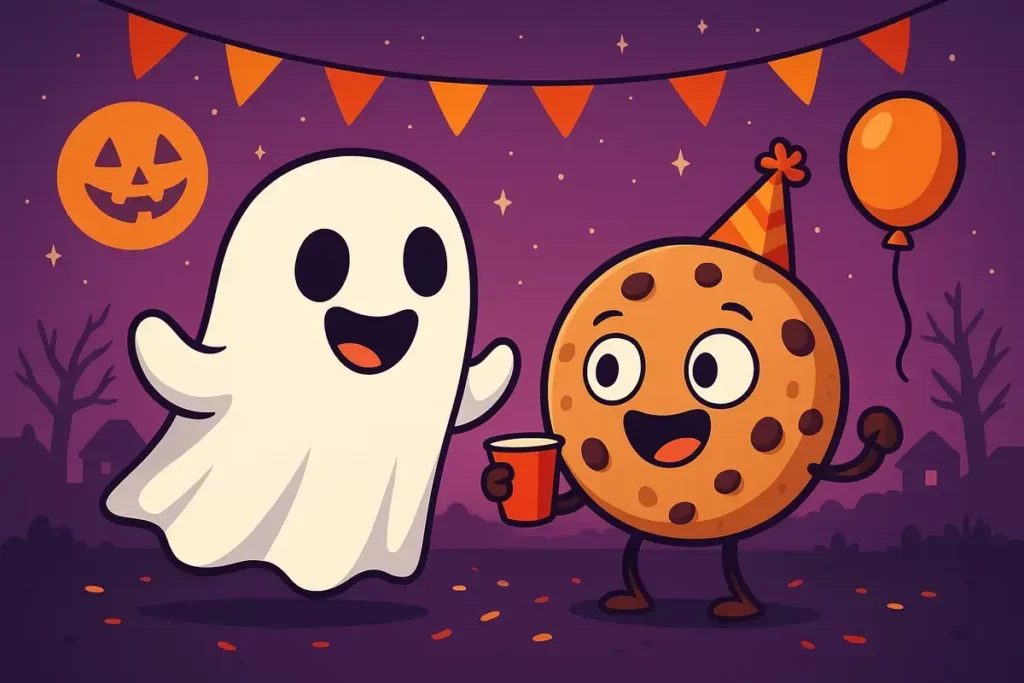 ghost and cookie dancing at Halloween party