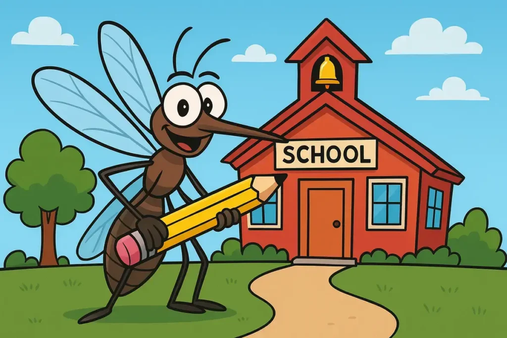 mosquito holding pencil outside school building