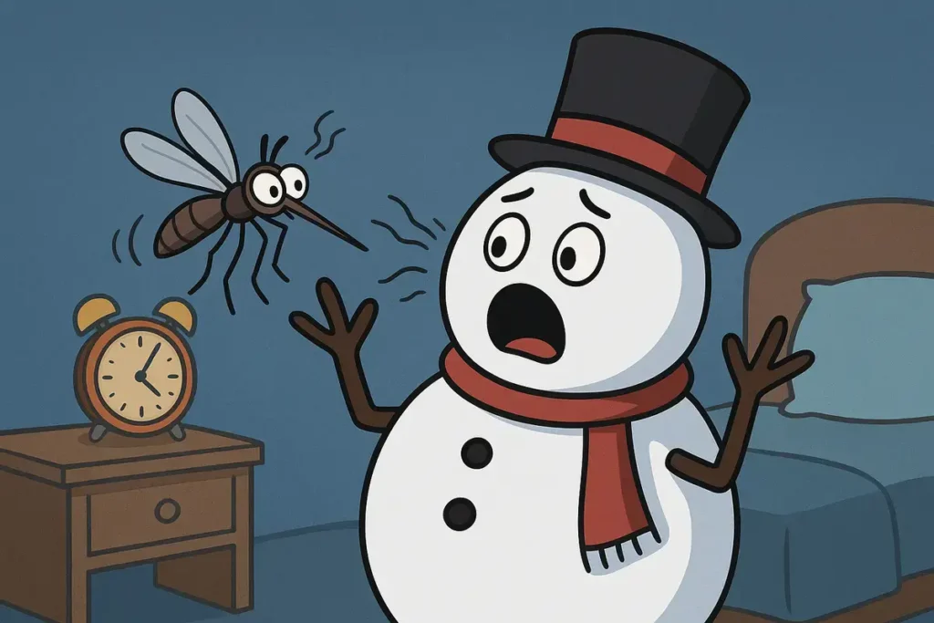 snowman shocked by buzzing mosquito louder than alarm clock – funny mosquito jokes.