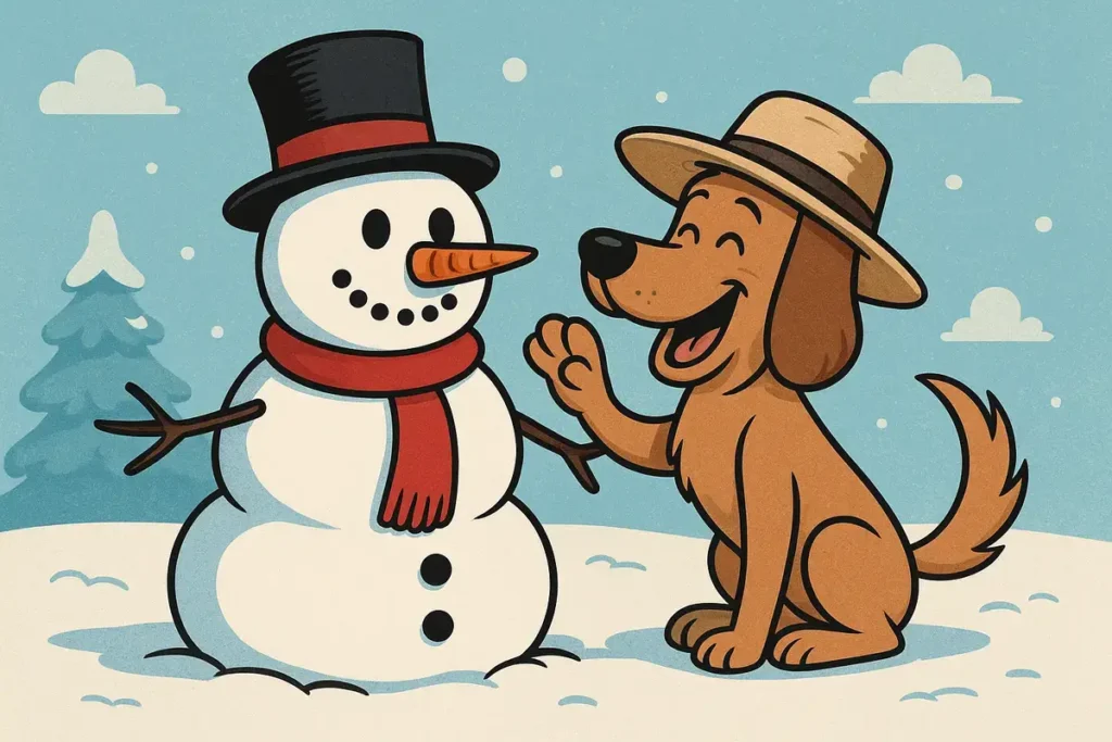 snowman and dog sharing a playful moment