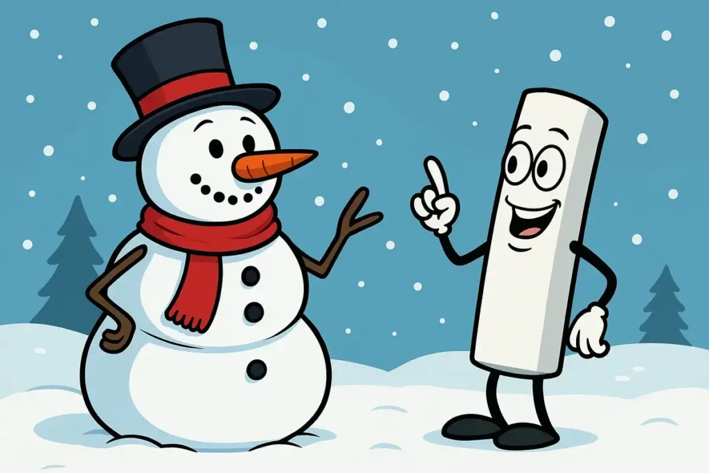 snowman and chalk character in winter scene for funny name jokes