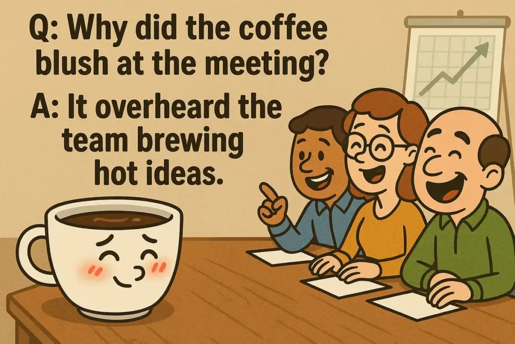 blushing coffee cup cartoon at funny office work jokes meeting