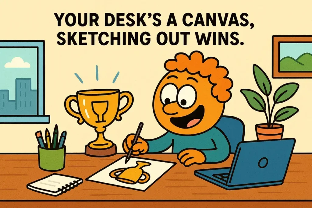 Funny office work jokes cartoon of character sketching a trophy at desk