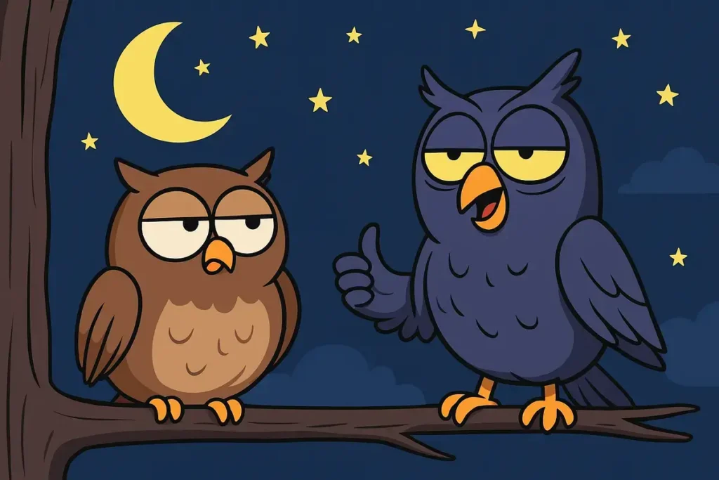 Owls on a branch under a starry night sky, perfect for funny owl jokes humor