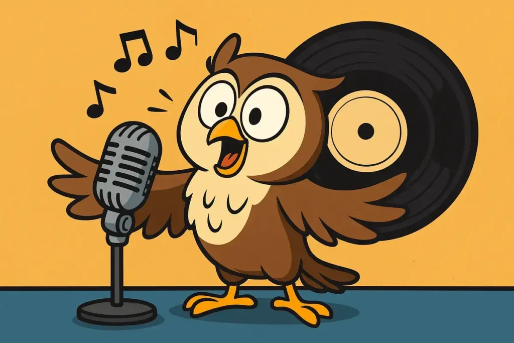 Owl singing into microphone with vinyl record backdrop