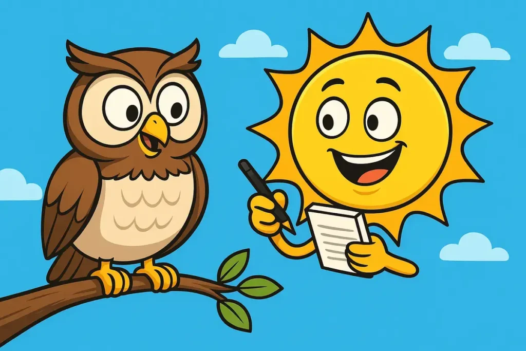 Owl on branch with smiling sun taking notes funny owl jokes