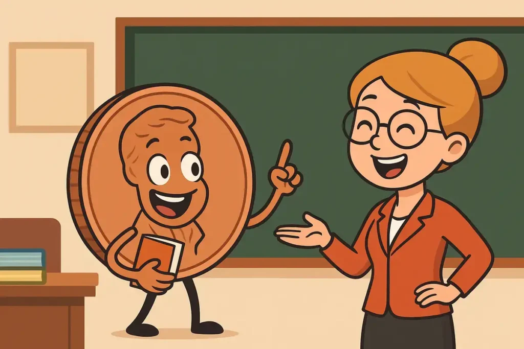 teacher laughing with an animated penny in classroom