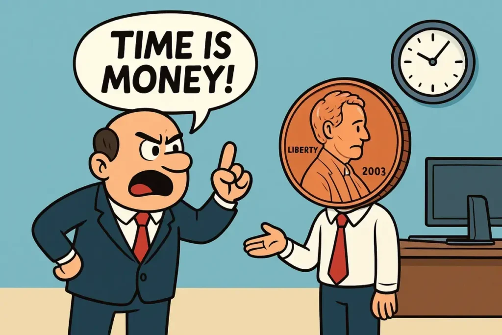 boss yelling "time is money" at penny-headed employee in office scene