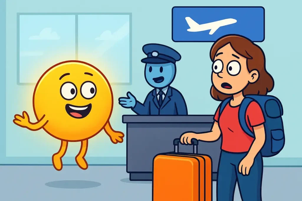 photon skipping luggage check at airport, funny physics joke scene