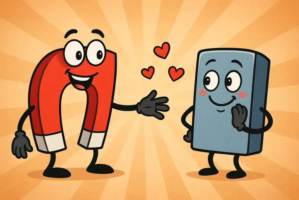 Funny physics joke cartoon of a smiling magnet and metal block with hearts