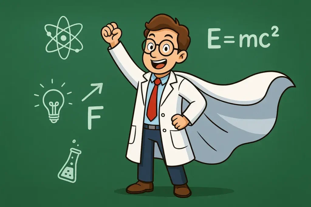scientist in lab coat as superhero for hilarious physics puns