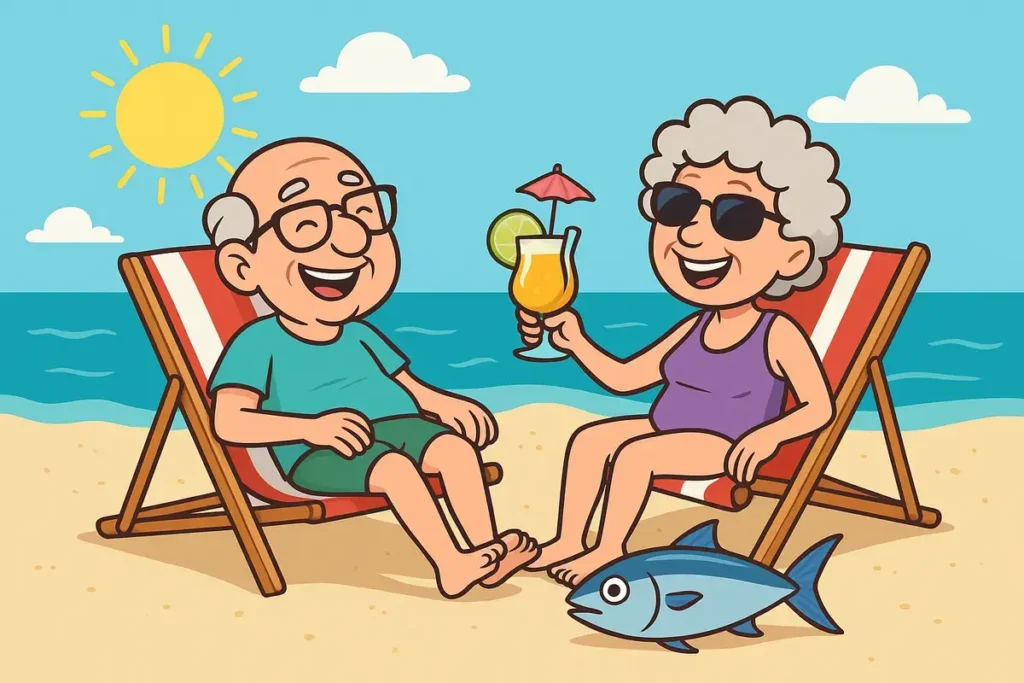 elderly couple relaxing on beach with tuna fish