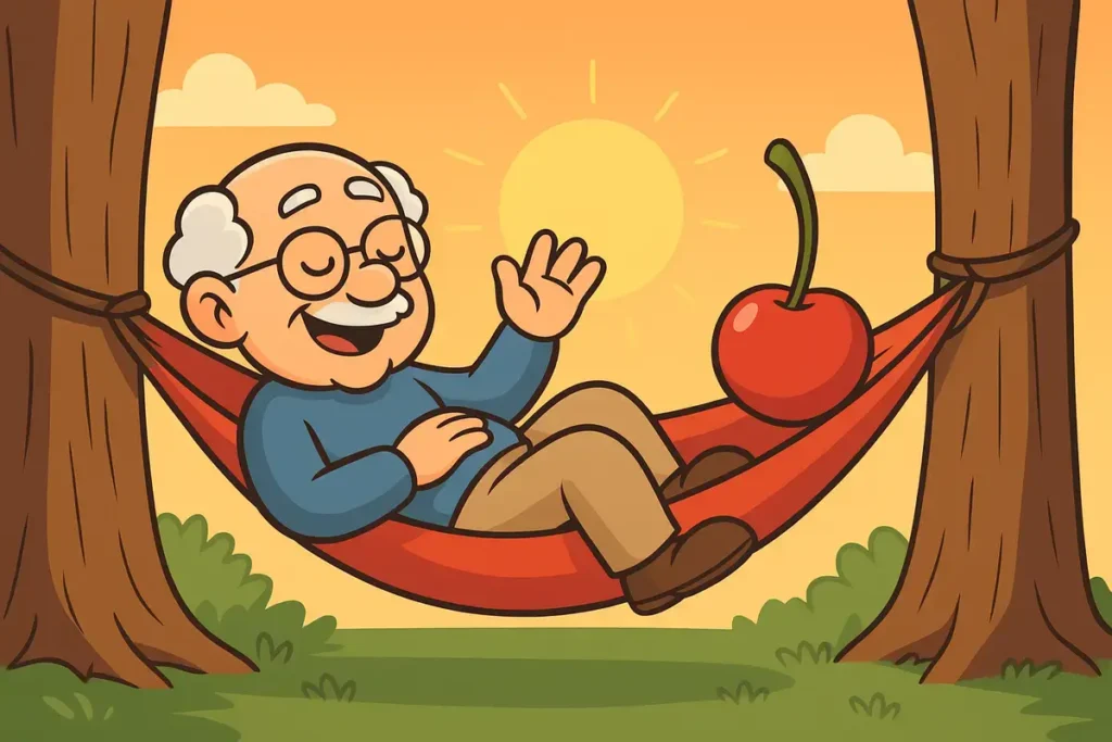 happy retired man in a hammock with a cherry, representing funny senior citizen jokes.