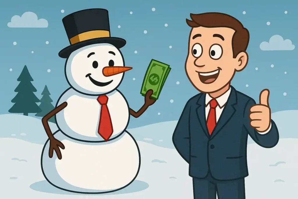 snowman banker giving money to businessman in snowy background
