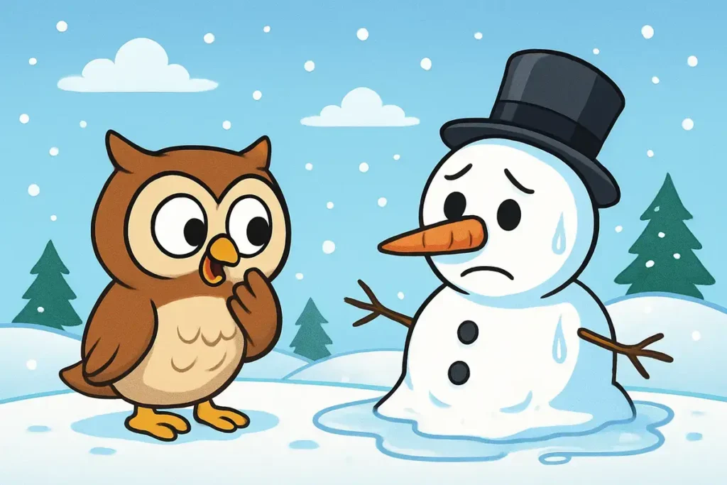 owl telling a melting snowman a secret in winter scene