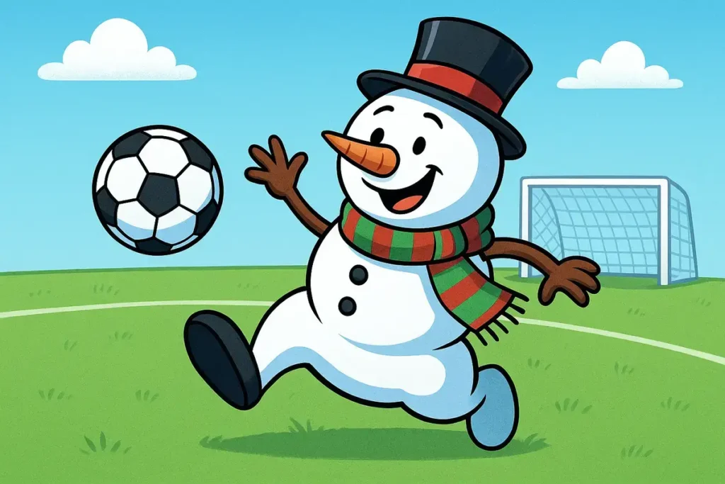 snowman playing soccer on a field