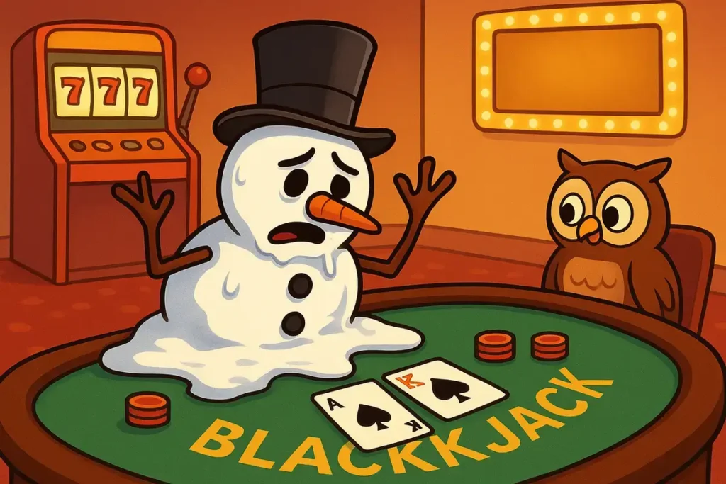 Funny snowman jokes cartoon of a melting snowman at a Las Vegas blackjack table with an owl watching.
