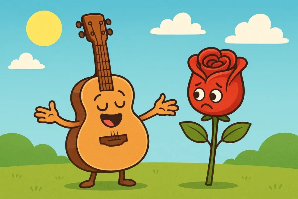 guitar serenading a rose in a funny Spain jokes theme illustration