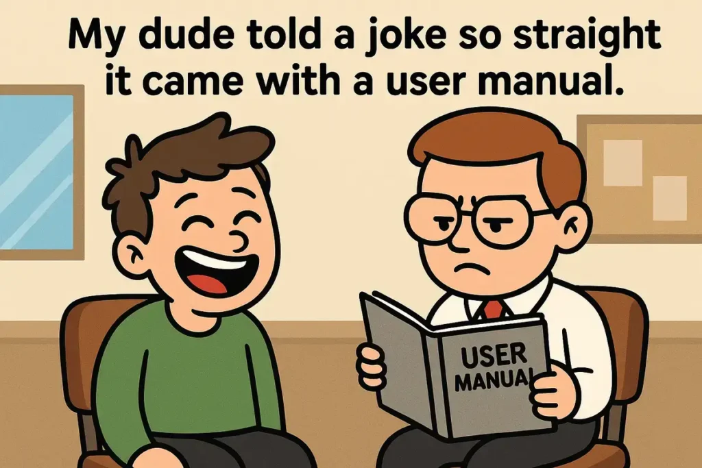 a guy laughing while friend reads joke's user manual
