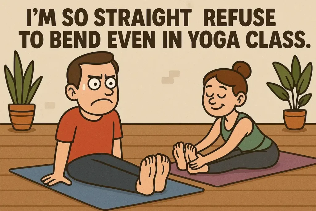 man refuses to bend in yoga class