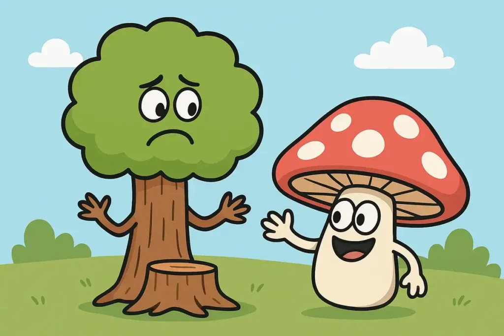 tree and mushroom laughing together in a funny scene