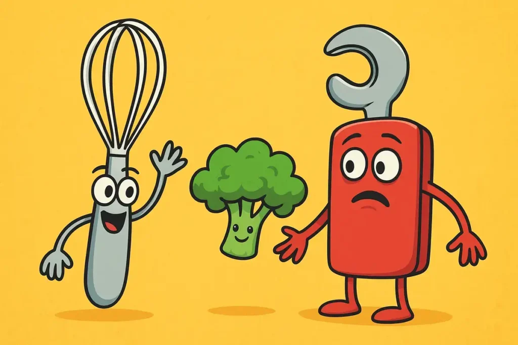 can opener, and broccoli character in a funny scene for can opener day puns.