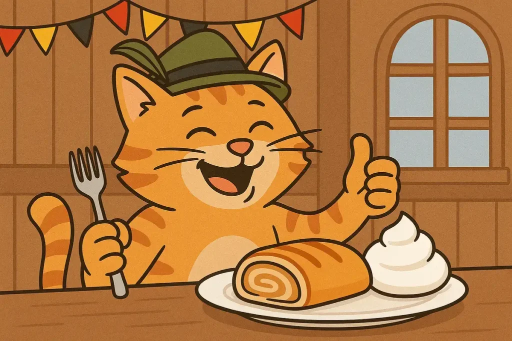 German cat enjoying apfelstrudel and cream