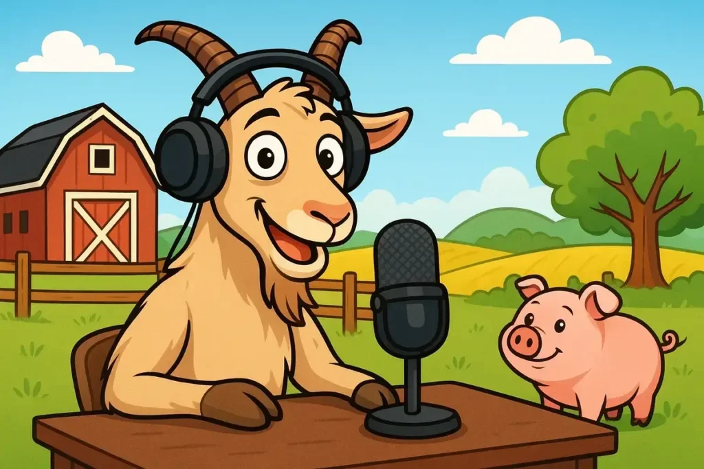 goat podcasting with pig on farm background, funny farmer jokes