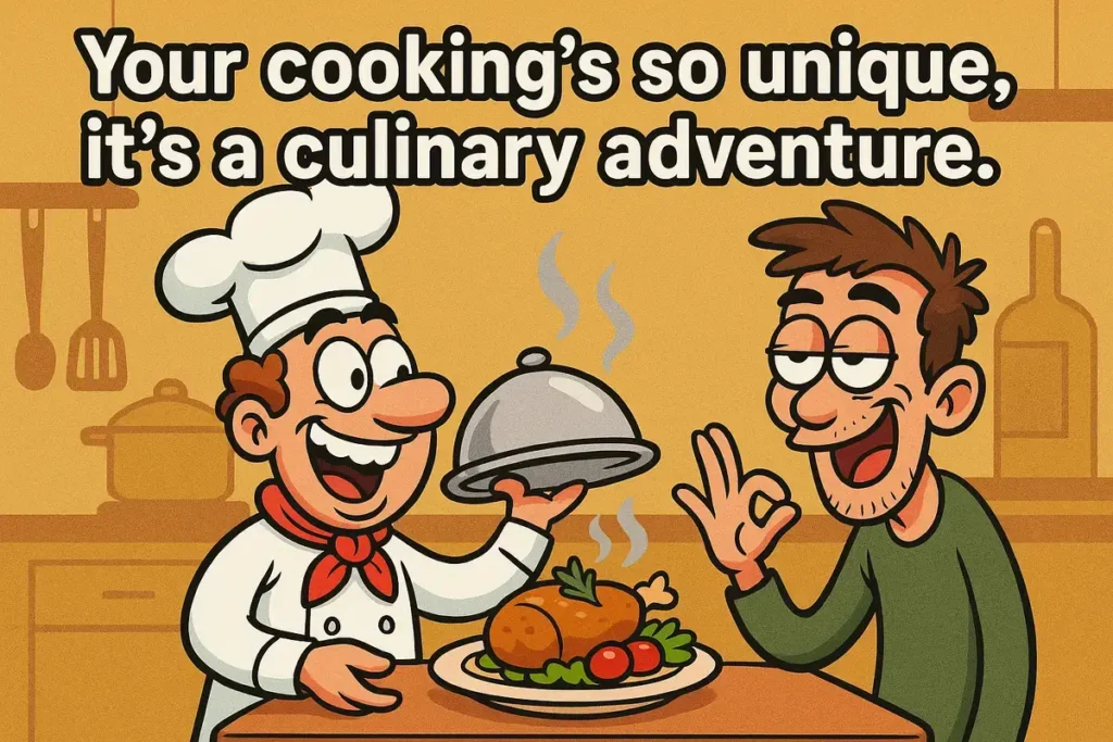 chef serving dish with rizz, hilarious jokes for roast vibe.